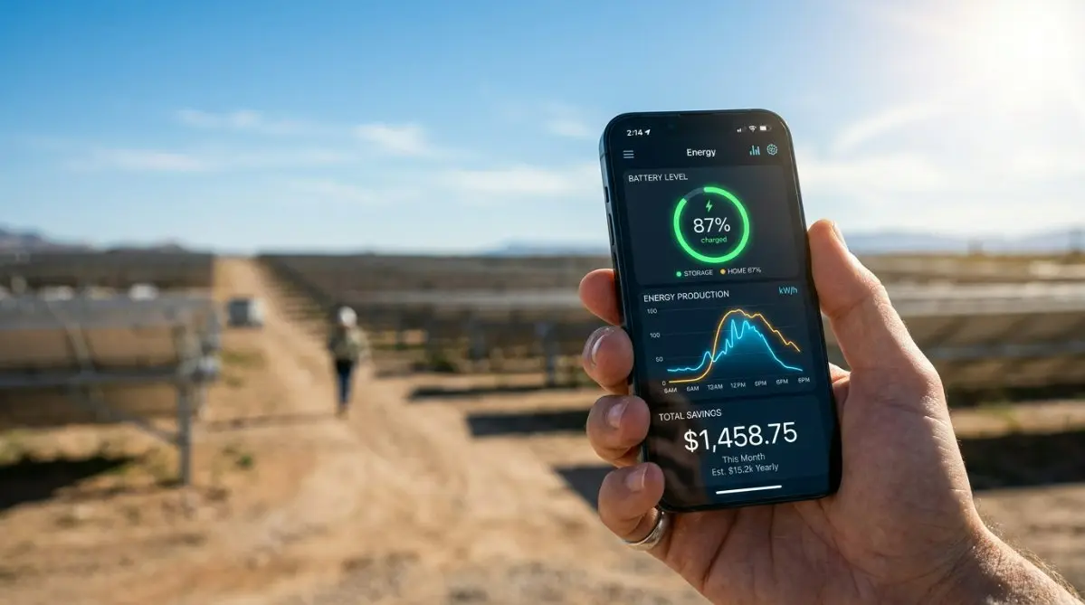 A digital dashboard showing energy production charts, battery levels, and US dollar savings on a smartphone screen against a background of a sunny solar farm
