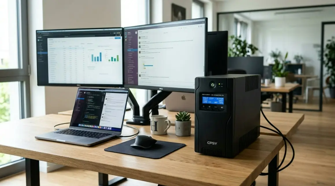 A sleek, professional CPSY S series Line Interactive UPS unit placed on a modern European office desk next to a MacBook and a multi-monitor setup.